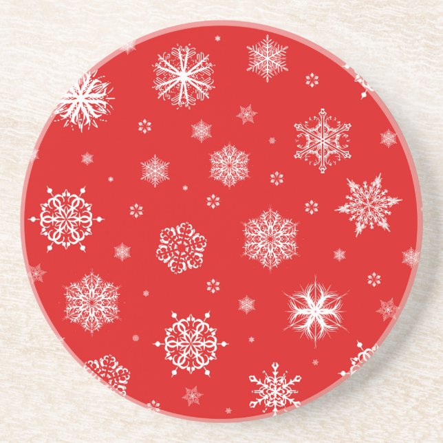 White snowflakes on red background coaster (Front)