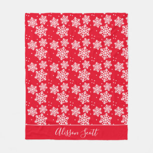 White Snowflakes on Red Fleece Blanket