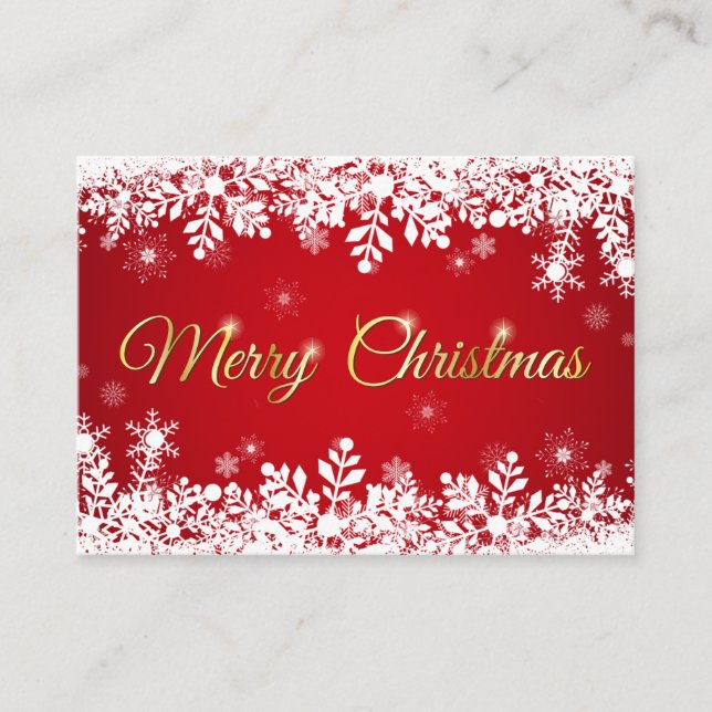 White Snowflakes on Red Merry Christmas Business Card (Front)