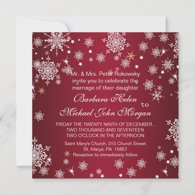 White snowflakes on red Wedding Invitation (Front)