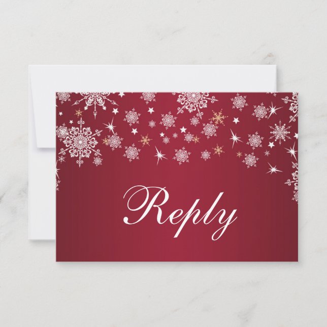 White snowflakes on red Wedding RSVP Card (Front)