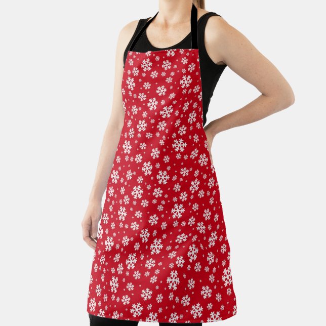 White Snowflakes on red Winter Pattern Apron (Insitu)