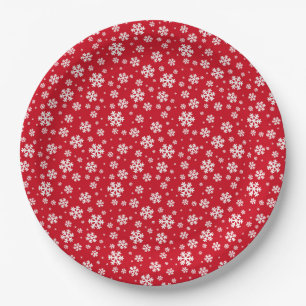 White Snowflakes on red Winter Pattern Paper Plate