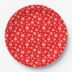 White Snowflakes on Red Winter Pattern Paper Plate