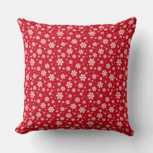 White Snowflakes on red Winter Pattern Throw Pillow