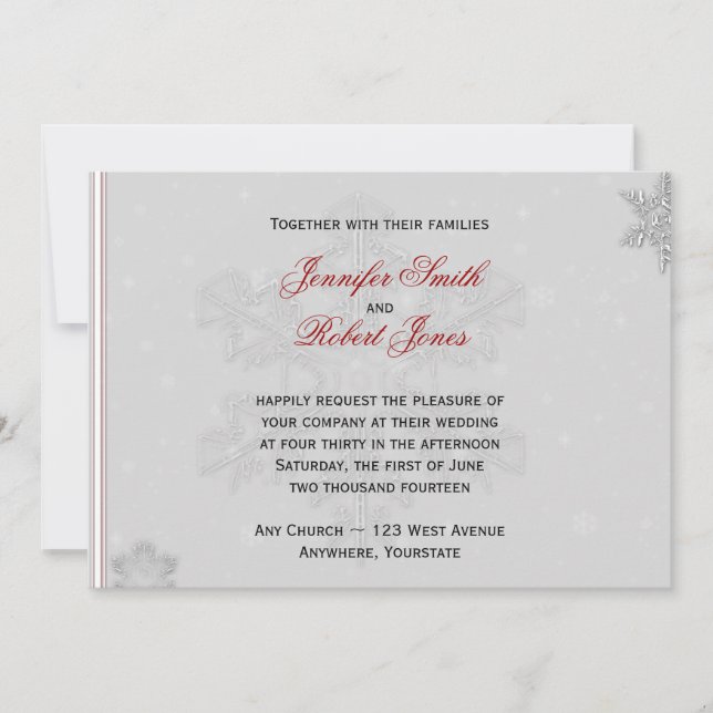 White Snowflakes on Silver Wedding Invitation (Front)