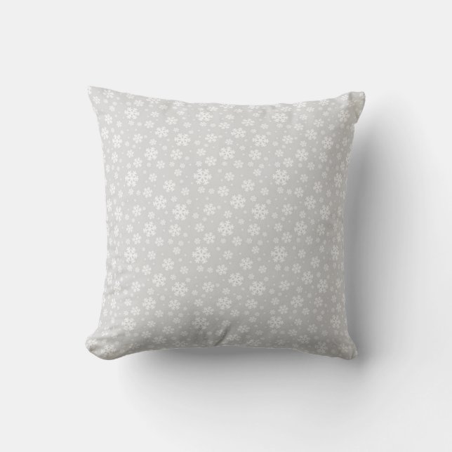 White Snowflakes on Silver Winter Pattern Throw Pillow (Front)