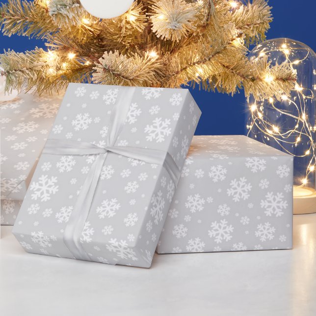 White Snowflakes on Silver Winter Pattern Wrapping Paper (Holidays)