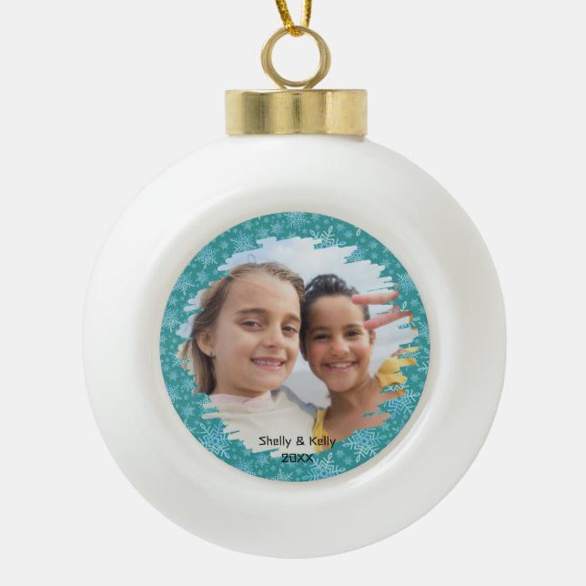 White Snowflakes } Personalized Christmas Photo Ceramic Ball Christmas Ornament (Front)