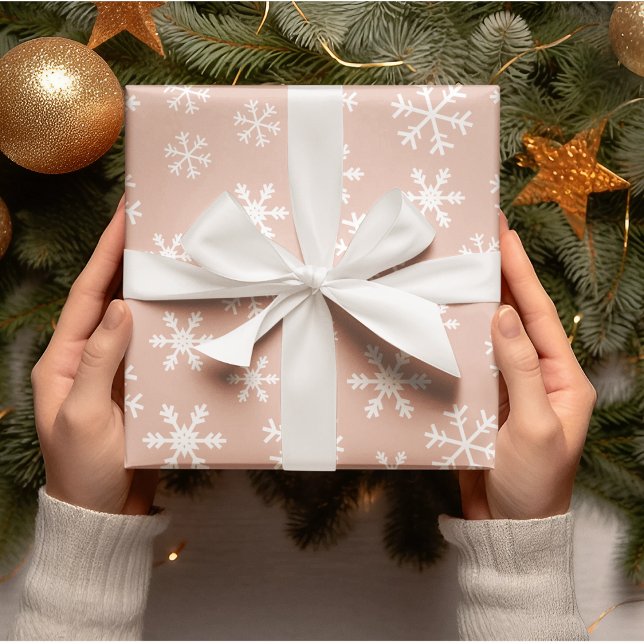 White Snowflakes Pink On Background Christmas Wrapping Paper (Creator Uploaded)