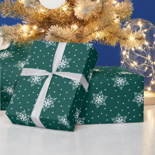 White Snowflakes Polka Dots Green Christmas Wrapping Paper
