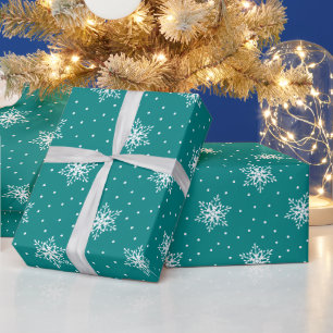 White Snowflakes Polka Dots Teal Christmas Wrapping Paper