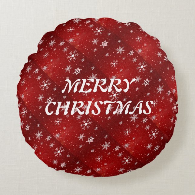 White Snowflakes Red Background Round Throw Pillow (Front)