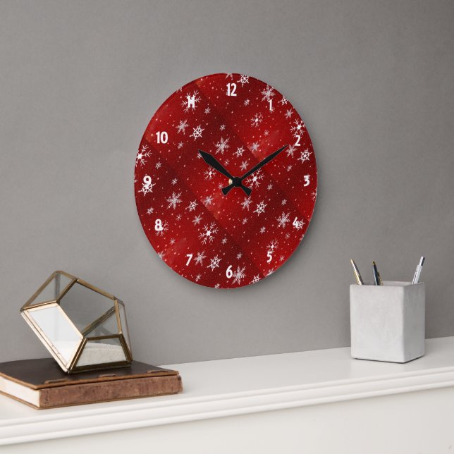 White Snowflakes Red Background Round Wall Clock (Office)