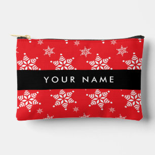 White Snowflakes, Red, Your name, Personalize Accessory Pouch