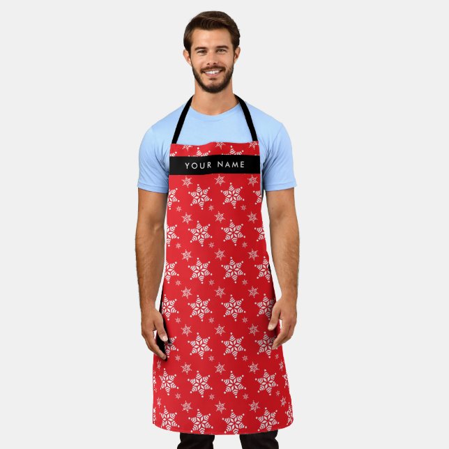 White Snowflakes, Red, Your name, Personalize Apron (Worn)