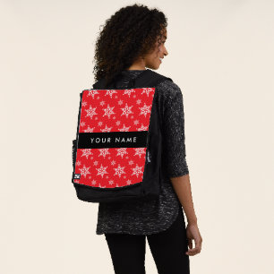 White Snowflakes, Red, Your name, Personalize Backpack