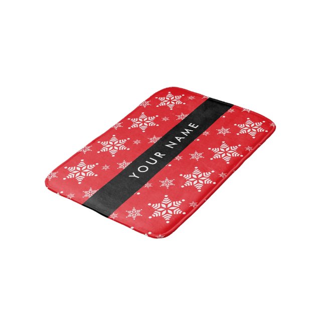 White Snowflakes, Red, Your name, Personalize Bath Mat (Angled)