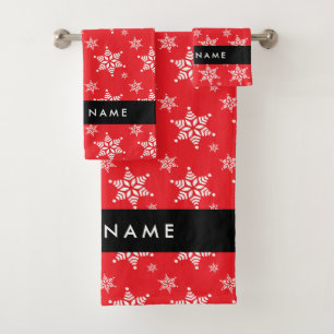 White Snowflakes, Red, Your name, Personalize Bath Towel Set