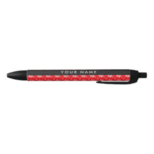 White Snowflakes, Red, Your name, Personalize Black Ink Pen
