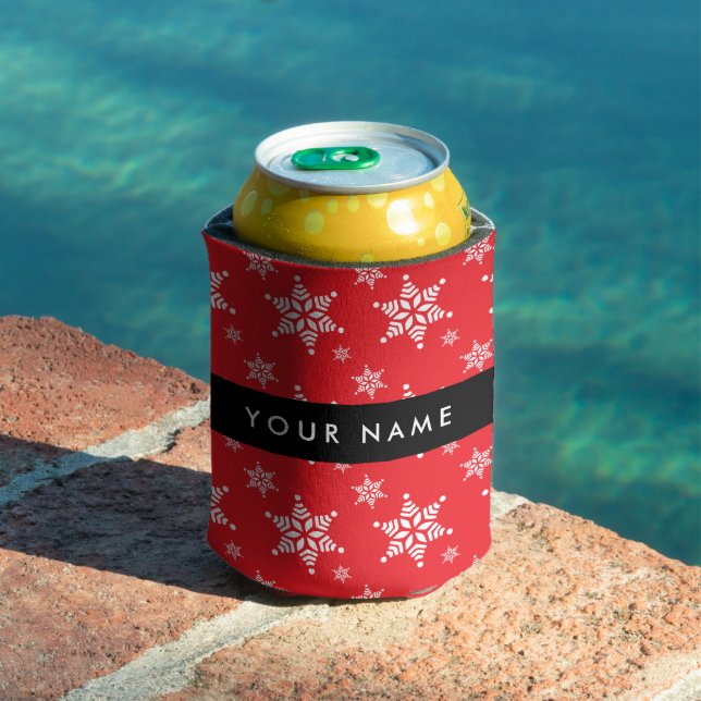 White Snowflakes, Red, Your name, Personalize Can Cooler (In Situ Pool)