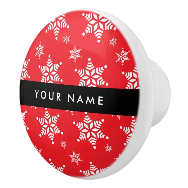 White Snowflakes, Red, Your name, Personalize Ceramic Knob (Right)