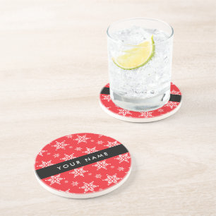 White Snowflakes, Red, Your name, Personalize Coaster