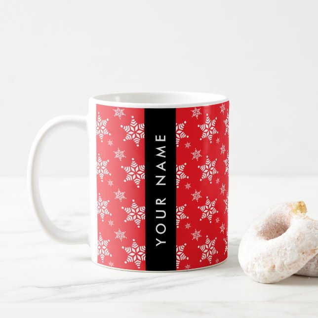 White Snowflakes, Red, Your name, Personalize Coffee Mug (With Donut)