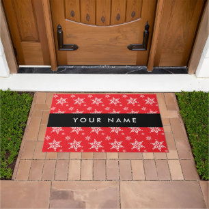 White Snowflakes, Red, Your name, Personalize Doormat