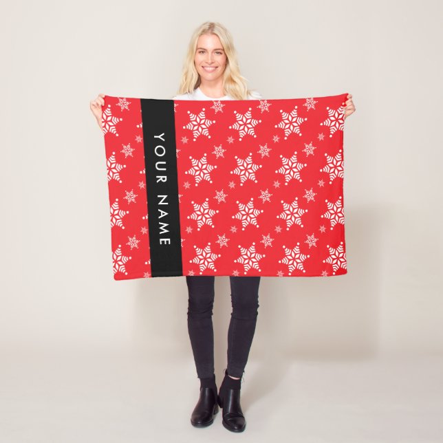 White Snowflakes, Red, Your name, Personalize Fleece Blanket (In Situ)