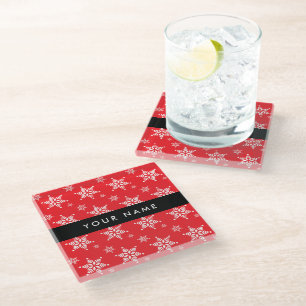 White Snowflakes, Red, Your name, Personalize Glass Coaster