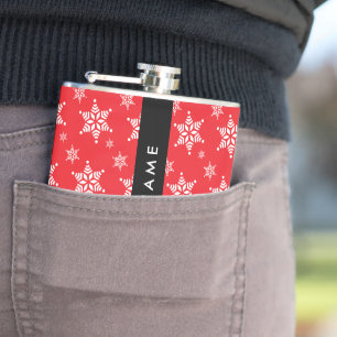 White Snowflakes, Red, Your name, Personalize Hip Flask