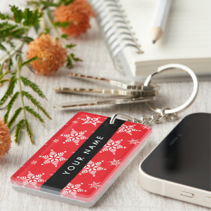 White Snowflakes, Red, Your name, Personalize Keychain