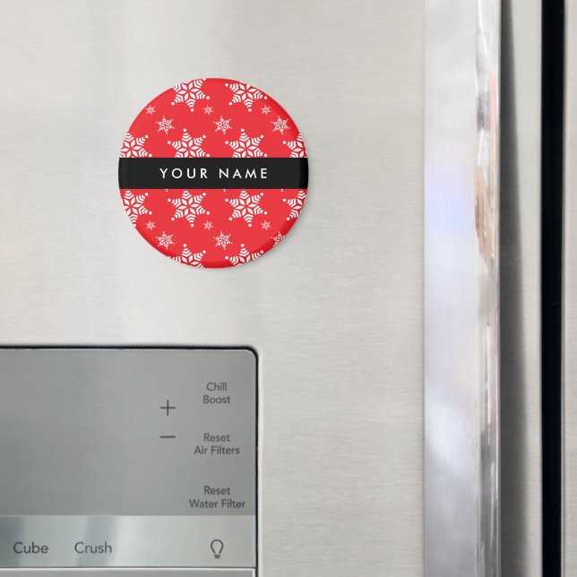 White Snowflakes, Red, Your name, Personalize Magnet (In Situ (Fridge))