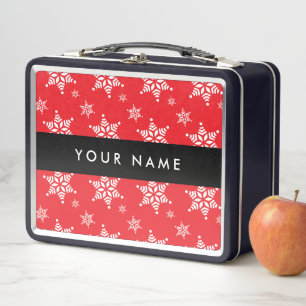 White Snowflakes, Red, Your name, Personalize Metal Lunch Box
