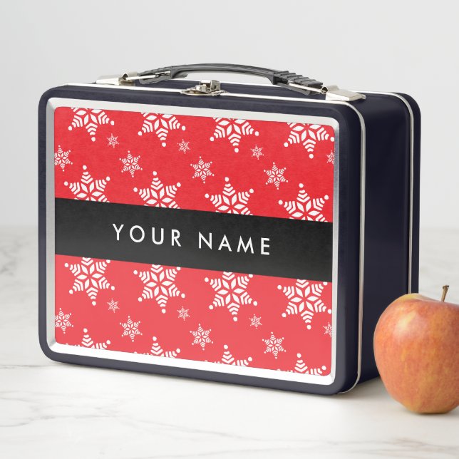 White Snowflakes, Red, Your name, Personalize Metal Lunch Box (In Situ)