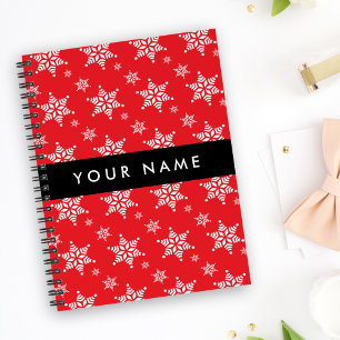 White Snowflakes, Red, Your name, Personalize Notebook