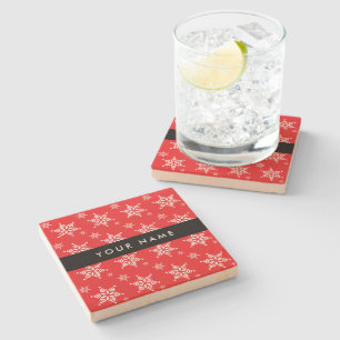 White Snowflakes, Red, Your name, Personalize Stone Coaster