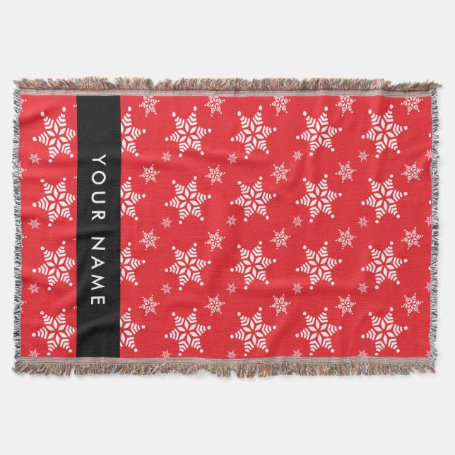 White Snowflakes, Red, Your name, Personalize Throw Blanket (Front)