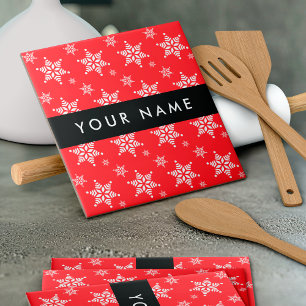 White Snowflakes, Red, Your name, Personalize Tile