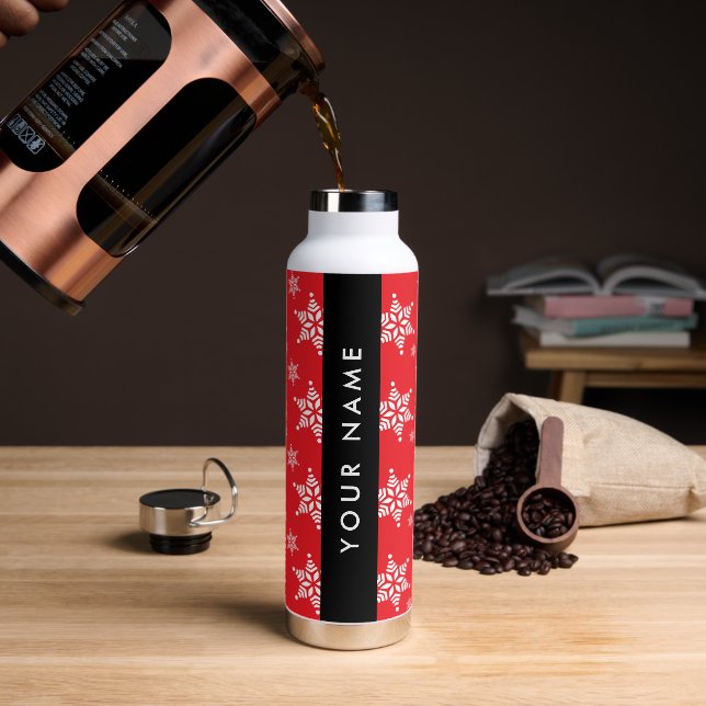 White Snowflakes, Red, Your name, Personalize Water Bottle (Coffee)