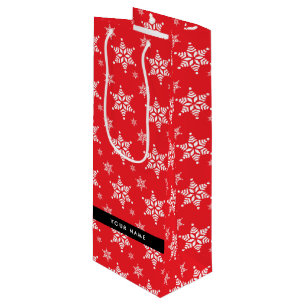 White Snowflakes, Red, Your name, Personalize Wine Gift Bag