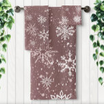 White Snowflakes Rose Pink Bath Towel Set<br><div class="desc">White snowflakes and snow in a backdrop of dusty rose pink.</div>