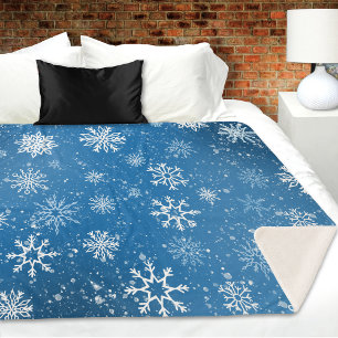White Snowflakes Sapphire Blue Sherpa Blanket