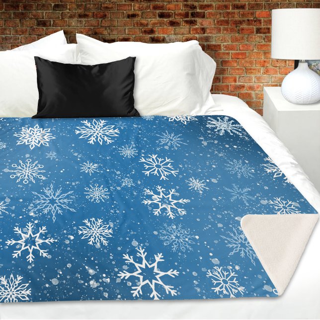 White Snowflakes Sapphire Blue Sherpa Blanket (Creator Uploaded)