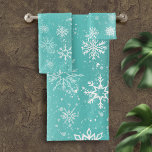 White Snowflakes Teal Bath Towel Set<br><div class="desc">White snowflakes and snow in a backdrop if teal.</div>