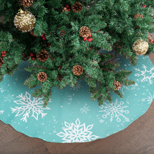 White Snowflakes Teal Brushed Polyester Tree Skirt