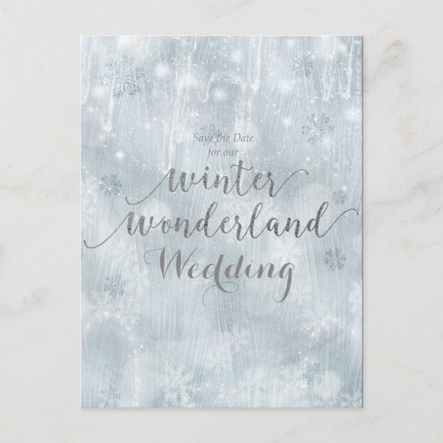 White Snowflakes Winter Wonderland Save the Date Announcement Postcard (Front)