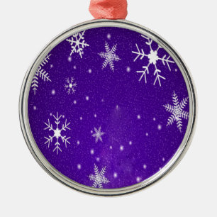 White Snowflakes with Blue-Purple Background Metal Ornament