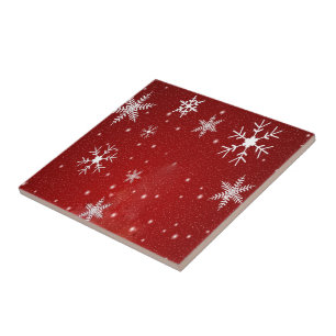 White Snowflakes with Red Background Tile